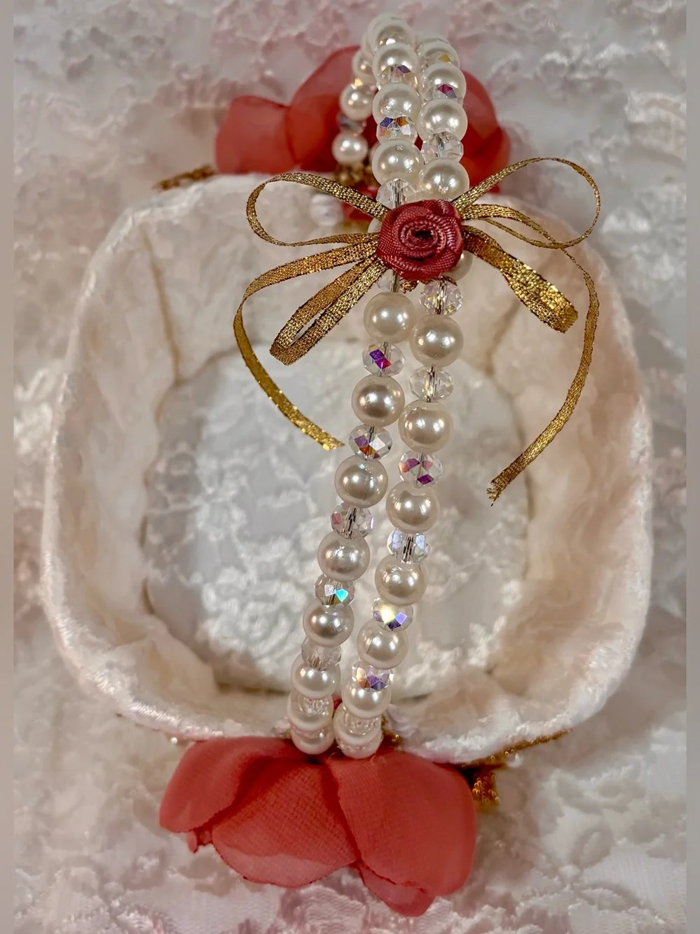 🥂 Gold White and Rose Blush Ring Pillow and Flower Basket Set
